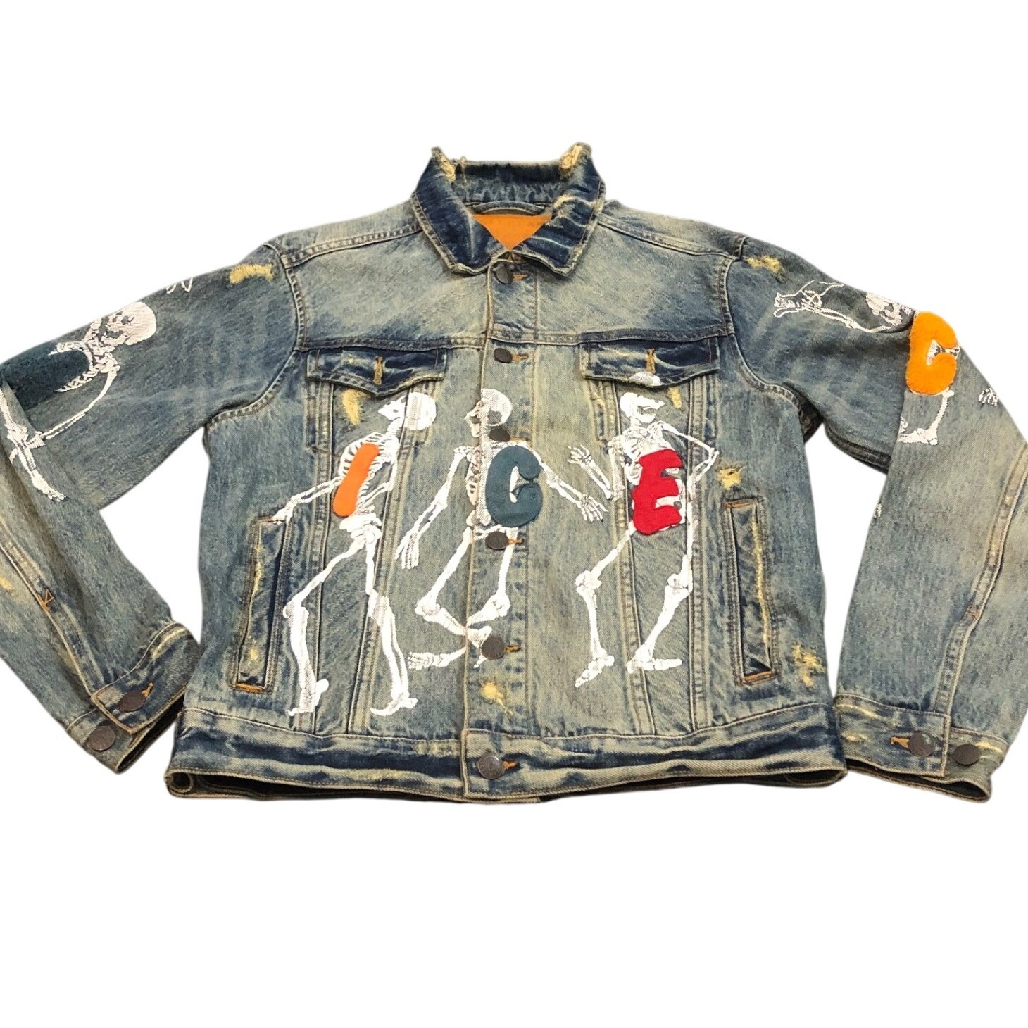Icecream Denim Jacket Medium Dancing Bones Skeleton Graphic Distressed Patchwork